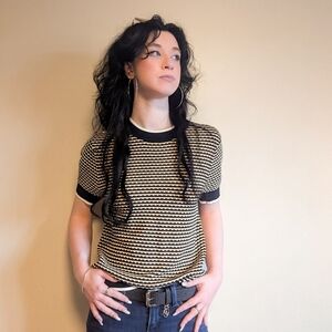 Rafaella Black and Gold Striped Short Sleeve Top